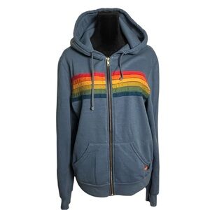 Aviator Nation Five Stripes Zip Up Hoodie Blue— Size Medium
